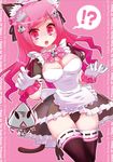  1girl animal_ears apron bemani bow breasts cat_ears cleavage dress gloves hair_ornament hairclip highres long_hair maid medium_breasts nukemichi panties pink_eyes pink_hair rasis see-through solo sound_voltex tail thighhighs underwear 
