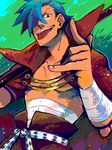  \m/ artist_request belt blue_hair cape kamina male_focus sarashi shirtless solo sword tegaki tengen_toppa_gurren_lagann tongue weapon 