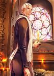  1boy candle church dark-skinned_male dark_skin enrico_pucci ffc jojo_no_kimyou_na_bouken male male_focus md5_mismatch priest solo stained_glass stole very_short_hair white_hair 