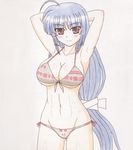  abs ahoge armpits bikini blue_hair blush breasts cleavage front-tie_top hair_ribbon jabujabu large_breasts light_smile long_hair lowleg lowleg_bikini lyrical_nanoha mahou_shoujo_lyrical_nanoha_vivid micaiah_chevelle navel purple_hair red_eyes ribbon smile solo swimsuit traditional_media underboob very_long_hair 