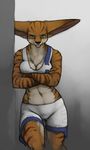  abstract_background anthro big_ears breast_squish breasts brown_fur clothing crossed_arms feline female front fur green_eyes grey_background ipoke looking_at_viewer mammal multicolor_fur naughty_face plain_background pose shirt shorts solo standing stripes two_tone_fur white_fur 