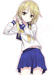  adjusting_hair bad_id bad_pixiv_id blonde_hair blue_sailor_collar hair_over_shoulder ichii_yui long_hair low_twintails matsuryuu navel neckerchief pleated_skirt sailor_collar school_uniform school_uniform_(yuyushiki) serafuku simple_background skirt solo twintails white_background yellow_eyes yuyushiki 