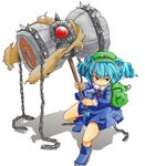 aa_hito backpack bag blue_eyes blue_hair boots chain dress frown gem hair_bobbles hair_ornament hat kawashiro_nitori key long_sleeves looking_away shadow short_hair simple_background sledgehammer solo spikes strap touhou two_side_up weapon white_background 