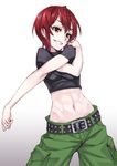  abs bad_id bad_pixiv_id belt brown_eyes cowboy_shot kaibutsu_oujo matsuryuu midriff navel parted_lips red_hair riza_wildman short_hair simple_background smile solo stretch white_background 