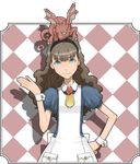  animal animal_on_head apron blue_eyes brown_hair copyright_request dragon dress freckles hairband hand_on_own_head long_hair momo_tai on_head solo wrist_cuffs younger 