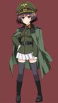  akiyama_yukari alternate_costume bangs belt black_footwear black_legwear boots brown_eyes brown_hair closed_mouth girls_und_panzer gloves green_coat green_jacket hat highres iron_cross jacket jacket_on_shoulders kairakuen_umenoka light_smile long_sleeves maroon_background messy_hair military military_hat military_uniform miniskirt peaked_cap pleated_skirt short_hair simple_background skirt solo thighhighs uniform white_gloves white_skirt 