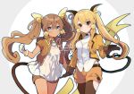 2girls :3 alolan_raichu bangs belt black_eyes black_gloves black_hair black_legwear blonde_hair blue_eyes blue_outline blush bracelet breasts brown_hair brown_shorts choker clenched_hand closed_mouth cowboy_shot creatures_(company) dark_skin eyebrows_visible_through_hair female game_freak gen_1_pokemon gloves hair_between_eyes hair_bobbles hair_ornament hand_up happy ikeuchi_tanuma jacket jewelry long_hair long_sleeves looking_at_viewer multiple_girls nintendo number outline pantyhose personification pokemon pokemon_number raichu shiny shiny_hair shirt short_shorts short_sleeves shorts simple_background small_breasts smile standing tail tied_hair twintails two-tone_background white_choker white_gloves white_shirt yellow_jacket 