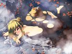  ass autumn_leaves barefoot blonde_hair blush bottle feet flat_chest green_eyes hair_bun hair_ornament hairclip hat hat_removed headwear_removed ibuki_notsu leaf looking_at_viewer maple_leaf moriya_suwako nipples nude onsen partially_submerged smile solo steam tokkuri touhou towel water 