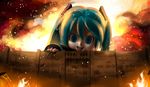  a_grim_reminder aqua_eyes aqua_hair burning crossover destruction embers fire giant hatsune_miku highres mikudayoo open_mouth otaku_(artist) parody shingeki_no_kyojin smile solo twintails vocaloid wall 