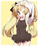  armpits arms_up blonde_hair blue_eyes blush fang highres hoppege long_hair nightgown one_eye_closed original solo tail twintails undressing 