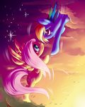  cloud clouds couple cutie_mark duo equine evening eye_contact female feral fluttershy_(mlp) flying friendship_is_magic fur hair horse long_hair mammal multi-colored_hair my_little_pony pegasus pink_hair pony rainbow_dash_(mlp) rainbow_hair red_eyes smile sparkles stars wings yellow_fur 