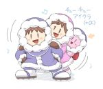  1boy 1girl 1other black_hair blush brother_and_sister brown_hair copy_ability gloves hat hood ice_climber kirby kirby_(series) nana_(ice_climber) nintendo popo_(ice_climber) sayoyonsayoyo sibling siblings simple_background smile super_smash_bros. super_smash_bros._ultimate white_background winter_clothes 