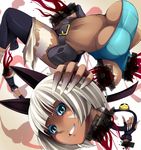  animal_ears bare_shoulders barefoot belt belt_pouch blood blue_eyes bob_cut breasts cat_ears cat_tail censored chin_(pixipixi) crop_top dark_skin disembodied_head disembodied_limb fingerless_gloves fingernails gloves grin large_breasts midriff ms._fortune_(skullgirls) pinky_out pointless_censoring pouch scar severed_hand sharp_fingernails short_hair skullgirls smile solo tail underboob white_hair 