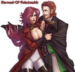  1girl beard blue_eyes breasts brown_eyes brown_hair cleavage clothes_grab coat facial_hair fate/apocrypha fate/extra fate_(series) francis_drake_(fate) gloves hand_in_hair large_breasts pink_hair renaissance_clothes scar servant_of_fate smile toggles watermark web_address william_shakespeare_(fate) 