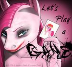  anthrofied blue_eyes card creepy english_text equine female friendship_is_magic hair hat horse lesang looking_at_viewer mammal my_little_pony pink_hair pinkamena_(mlp) pinkie_pie_(mlp) pony smile solo text the_joker 
