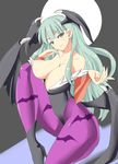  animal_print bare_shoulders bat_print bat_wings boots breasts cleavage demon_girl full_moon green_eyes green_hair head_wings high_heels highres kazuchi large_breasts leotard long_hair moon morrigan_aensland pantyhose print_legwear purple_legwear shoes smile solo succubus vampire_(game) wings 