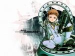  assault_rifle blue_submarine_no_6 bodysuit breasts brown_eyes brown_hair cockpit copyright_name diving_suit gun headset kino_mayumi murata_renji rifle shoes short_hair small_breasts smile solo spread_legs unzipped wallpaper weapon zipper 