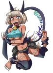  animal_ears bare_shoulders barefoot belt belt_pouch blue_eyes blush bob_cut breasts cat_ears cat_tail character_name crop_top dark_skin detached_leggings fangs fingerless_gloves fingernails full_body gloves jumping large_breasts midriff ms._fortune_(skullgirls) open_mouth platinum_blonde_hair pouch scar sharp_fingernails short_hair skullgirls solo suzurino tail underboob 