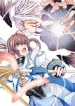  blue_eyes brown_hair facial_mark feathers fingerless_gloves gloves hair_ribbon kurokoeda lightning long_hair long_sleeves lyrical_nanoha magical_girl mahou_shoujo_lyrical_nanoha mahou_shoujo_lyrical_nanoha_a's mahou_shoujo_lyrical_nanoha_the_movie_2nd_a's multiple_girls open_mouth puffy_sleeves raising_heart red_eyes reinforce ribbon short_twintails silver_hair takamachi_nanoha teeth twintails white_background wings 