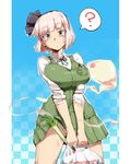  ? alternate_breast_size bag black_hairband blue_eyes breast_squeeze breasts hairband highres kariinu konpaku_youmu konpaku_youmu_(ghost) large_breasts miniskirt panties pantyshot plastic_bag pleated_skirt ribbon short_hair silver_hair skirt skirt_lift solo spring_onion sweat sweatdrop touhou underwear white_panties 