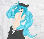  abs abstract_background anthro beard biceps black_hair blue_hair blue_skin clothing dullvivid eyewear facial_hair flexing glasses grin hair hat lizard long_hair looking_at_viewer male muscles pants pecs pose reptile scales scalie smile solo standing tan_skin toned topless vein 