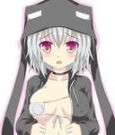  blush breasts cleavage enderman eyepatch hood hoodie jacket large_breasts minecraft noveske_n4 open_clothes open_jacket open_mouth personification red_eyes short_hair silver_hair solo 