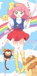  :o bird boots candy candy_cane dog food full_body green_eyes hairband hand_on_hip jewelry mahou_no_princess_minky_momo minky_momo moai_(aoh) mocha_(minky_momo) monkey necklace pink_hair pipiru_(minky_momo) rainbow red_skirt ribbon shindobukku_(minky_momo) short_hair skirt wand 