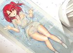  arms_up bad_id bad_pixiv_id barefoot bathtub blush breasts censored convenient_censoring from_above looking_at_viewer lying magi_the_labyrinth_of_magic morgiana navel nipples no_panties on_back one_side_up open_mouth partially_submerged petals red_eyes red_hair shijou_mako short_hair small_breasts smile solo water wet wet_clothes 