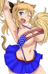  american_flag american_flag_bikini animal_ears armpits arms_up bikini blonde_hair blue_eyes breasts cheerleader cleavage cleavage_cutout fang flag_print freckles hair_ribbon highres huge_breasts katharine_ohare komusou_(jinrikisha) long_hair navel one_eye_closed open_mouth pom_poms ribbon shiny shiny_skin simple_background skindentation skirt smile solo sweatdrop swimsuit white_background world_witches_series 