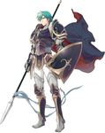  armor cape ephraim fire_emblem fire_emblem:_kakusei fire_emblem:_seima_no_kouseki green_hair male_focus official_art polearm shield solo spear weapon yamada_koutarou 