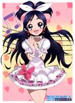  beamed_eighth_notes blue_hair brooch character_name choker color_connection cosplay cure_rhythm cure_rhythm_(cosplay) dress earrings futari_wa_precure hair_ribbon half_updo haru_(nature_life) heart jewelry long_hair magical_girl musical_note open_mouth precure purple_eyes ribbon smile solo suite_precure white_choker yukishiro_honoka 