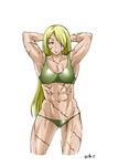  1girl abs bikini blonde_hair blue_eyes fullmetal_alchemist kurenai_yuuji long_hair muscle olivier_mira_armstrong one-eyed scar solo swimsuit tina_armstrong very_long_hair 