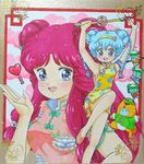  80s bare_legs blue_eyes blue_hair braid cat china_dress chinese_clothes creature double_bun dress dual_persona full_body gera_gera_(persia) hairband heart long_hair mahou_no_yousei_persia meso_meso_(persia) mikiky multiple_girls oldschool persia_(mahou_no_yousei_persia) pink_hair puri_puri_(persia) shikishi shoes short_hair simba_(persia) smile standing standing_on_one_leg traditional_media twin_braids twintails wand 