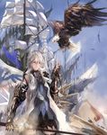  bad_id bad_pixiv_id bird blue_eyes eagle feathers gauntlets highres kxxxxxxxxxxx pixiv_fantasia pixiv_fantasia_new_world sail ship side_ponytail sword watercraft weapon white_hair 