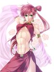  abs arm_up armlet breasts cloth detached_sleeves earrings green_eyes highres jewelry killingrock long_hair medium_breasts navel pink_hair pixiv_fantasia pixiv_fantasia_5 ponytail side_slit skirt smirk solo toned topknot underboob white_background 