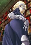  akashiro_sen armor ass blonde_hair blue_eyes book bookshelf fate/apocrypha fate_(series) faulds gauntlets headpiece highres jeanne_d'arc_(fate) jeanne_d'arc_(fate)_(all) long_hair looking_at_viewer looking_down signature solo 