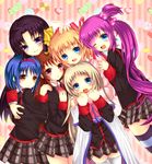  hug kamikita_komari kurugaya_yuiko little_busters! multiple_girls natsume_rin nishizono_mio noumi_kudryavka plaid plaid_skirt saigusa_haruka saotome_mirai school_uniform skirt striped striped_legwear thighhighs 