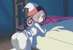  1girl artist_request ass bed bottomless grey_eyes grey_hair hair_over_one_eye hat highres little_witch_academia looking_back orange_peel_(artist) pajamas pussy shiny shiny_skin smile stairs sucy_manbabalan witch witch_hat 