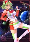  goggles green_eyes green_hair gumi highres kazeno midriff miniskirt navel short_hair skirt solo thighhighs vocaloid 