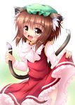  animal_ears blush bow brown_hair cat_ears cat_tail chen dress dress_lift fang frilled_dress frills hat high_collar jewelry kane-neko long_sleeves looking_at_viewer multiple_tails nekomata open_mouth red_dress single_earring smile solo tail tail_grab touhou yokuran 