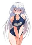  blush breasts cleavage hands_together hokuto_shinken large_breasts long_hair one-piece_swimsuit original red_eyes school_swimsuit silver_hair simple_background solo swimsuit white_background 