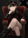  blonde_hair blue_eyes boots chair combat_boots crossed_legs erica_hartmann hat iron_cross looking_at_viewer military military_uniform peaked_cap shiraba_(sonomama_futene) short_hair sitting solo strike_witches throne uniform world_witches_series 