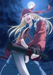  axl_low bandana blonde_hair blue_eyes denim fingerless_gloves full_moon gloves guilty_gear hat jeans killingrock long_hair male_focus moon pants sickle solo 