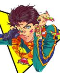  blue_eyes blue_jacket brown_hair facial_mark fingerless_gloves gem gloves jacket jewelry jojo_no_kimyou_na_bouken joseph_joestar_(young) male_focus nail_polish necklace nedayashi pixel_art red_stone_of_aja scarf solo star 