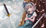  aya_(star) bad_id bad_pixiv_id bow cherry_blossoms cloud cloudy_sky crossed_arms green_eyes hair_ribbon katana kodachi konpaku_youmu konpaku_youmu_(ghost) leaning_back looking_at_viewer puffy_short_sleeves puffy_sleeves ribbon scabbard sheath short_hair short_sleeves short_sword silver_hair skirt skirt_set sky smile solo sword touhou tree unsheathed weapon 