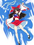  :o armpits ascot black_hair bow detached_sleeves gohei hair_bow hair_tubes hakurei_reimu highres legs long_hair midriff navel red_eyes skirt socks solo tajima_yuuki touhou white_legwear 