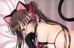  animal_ears bare_shoulders black_gloves bra brown_hair cat_ears cat_tail cupless_bra elbow_gloves fake_animal_ears fault!! flat_chest frills gloves hair_ribbon hairband hand_to_own_mouth highres long_hair looking_at_viewer lying nippleless_clothes ribbon scan solo sugiyama_mio tail tanaka_takayuki twintails underwear 