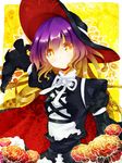  blonde_hair blush brown_hair cape excaliburer flower gradient_hair hat hijiri_byakuren long_hair long_sleeves multicolored_hair purple_hair skirt smile solo sun_hat touhou yellow_background yellow_eyes 