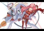  1girl arm_behind_back arm_up bangs blue_eyes bodysuit breasts closed_mouth darling_in_the_franxx hairband heterochromia highres horns kota_(tokiwa) legs_apart letterboxed long_hair mecha medium_breasts oni_horns pilot_suit pink_hair red_bodysuit red_eyes smile solo straight_hair strelizia tongue tongue_out white_hairband zero_two_(darling_in_the_franxx) 