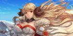  1girl ahoge anila_(granblue_fantasy) bangs blonde_hair blue_sky blunt_bangs blush breasts cape cleavage closed_mouth cloud draph eba_uenihane eyebrows eyebrows_visible_through_hair fur_trim gloves granblue_fantasy hand_up horns large_breasts lips long_hair looking_at_viewer sheep_horns short_eyebrows sky smile solo thick_eyebrows upper_body very_long_hair white_gloves yellow_eyes 
